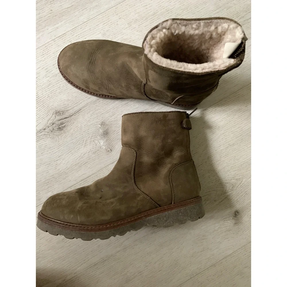 Bonpoint Kids Shearling Lined‎ Leather Boots Olive Green Spain Size 34 Zip Back